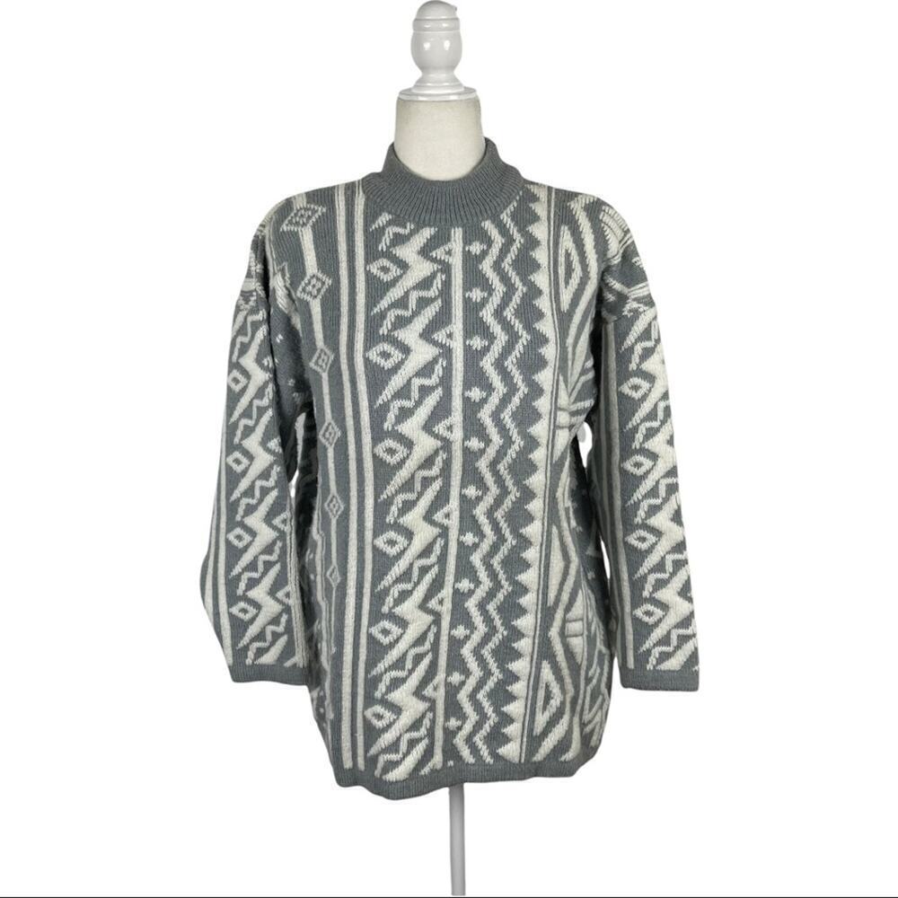 Kitty Hawk Retro Mix Print 80s Pullover Knit Sweater with Shoulder Pads Medium